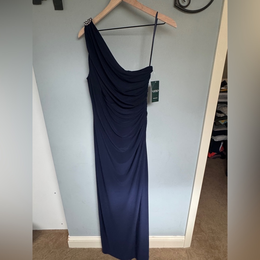 Ralph Lauren Navy One-Shoulder Draped Gown - Picture 4 of 5